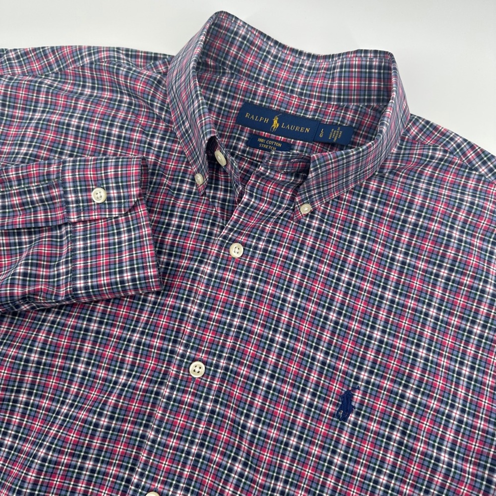Ralph‎ Lauren Mens Large Plaid Button Down Shirt Multicolor Cotton Stretch